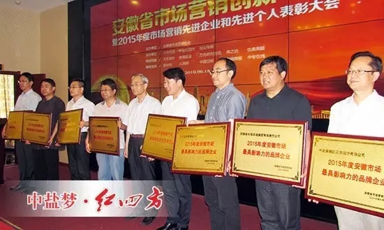 中鹽紅四方榮獲“2015年度安徽市場(chǎng)最具影響力品牌企業(yè)”稱號(hào)（右一）